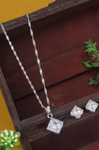 silver plated cubic zirconia american diamond chain pendent necklace with earrings set 