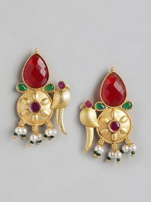 Gold plated ruby green pearls stone studded & beaded birds pendant chain and earrings jewelry set for women girls 5