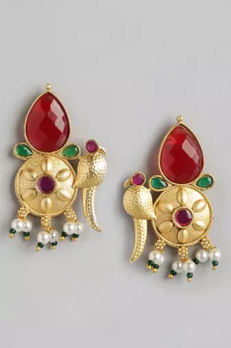 Gold plated ruby green pearls stone studded & beaded birds pendant chain and earrings jewelry set for women girls