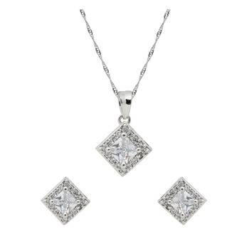 silver plated cubic zirconia american diamond chain pendent necklace with earrings set  2