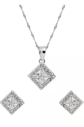 silver plated cubic zirconia american diamond chain pendent necklace with earrings set 