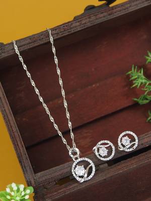 silver plated cubic zirconia american diamond chain pendent necklace with earrings set  1