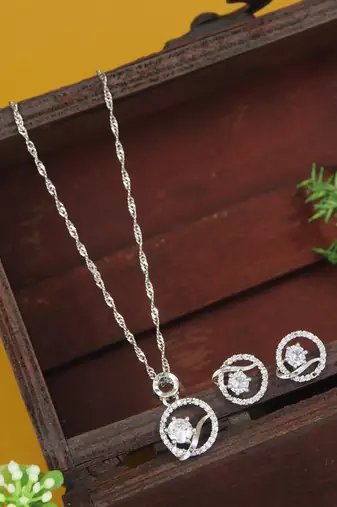 silver plated cubic zirconia american diamond chain pendent necklace with earrings set 