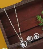 silver plated cubic zirconia american diamond chain pendent necklace with earrings set 