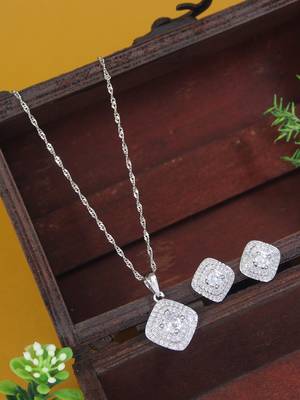 silver plated cubic zirconia american diamond chain pendent necklace with earrings set for women  1
