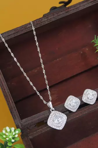 silver plated cubic zirconia american diamond chain pendent necklace with earrings set for women 