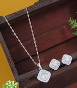 silver plated cubic zirconia american diamond chain pendent necklace with earrings set for women