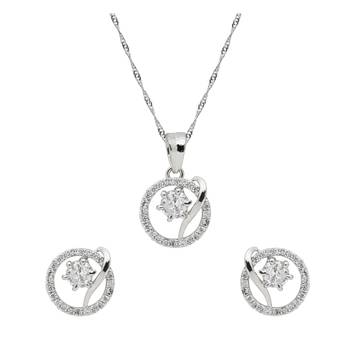 silver plated cubic zirconia american diamond chain pendent necklace with earrings set  2