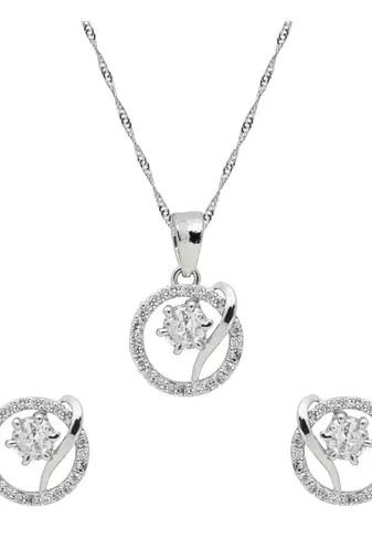 silver plated cubic zirconia american diamond chain pendent necklace with earrings set 