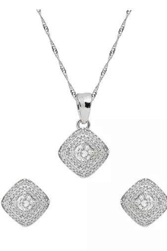 silver plated cubic zirconia american diamond chain pendent necklace with earrings set for women 