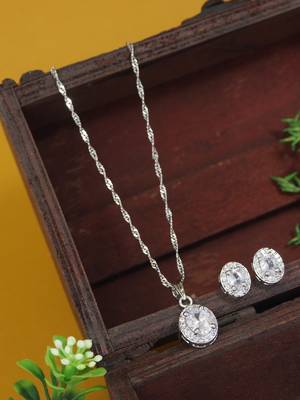 silver plated cubic zirconia american diamond chain pendent necklace with earrings set  1