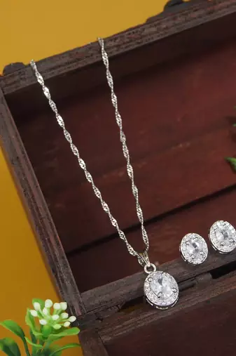 silver plated cubic zirconia american diamond chain pendent necklace with earrings set 