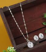 silver plated cubic zirconia american diamond chain pendent necklace with earrings set 