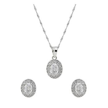 silver plated cubic zirconia american diamond chain pendent necklace with earrings set  2