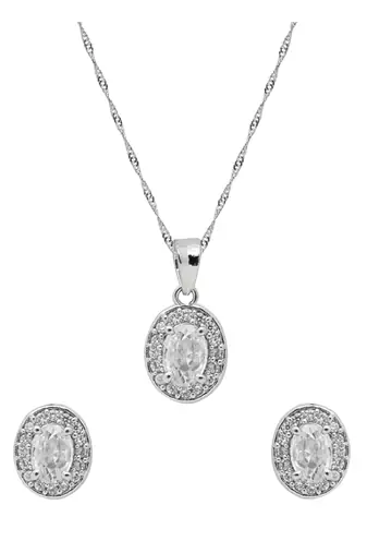 silver plated cubic zirconia american diamond chain pendent necklace with earrings set 