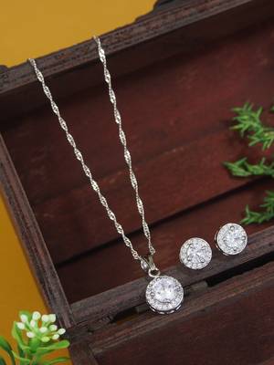 silver plated cubic zirconia american diamond chain pendent necklace with earrings set  1
