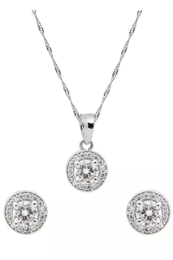 silver plated cubic zirconia american diamond chain pendent necklace with earrings set 