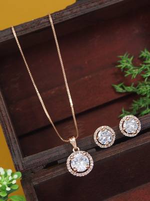 rose gold plated cubic zirconia american diamond chain pendent necklace with earrings set  1