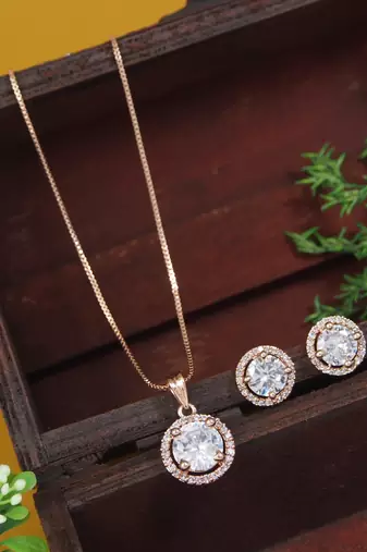 rose gold plated cubic zirconia american diamond chain pendent necklace with earrings set 