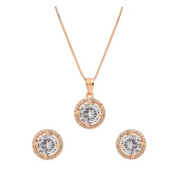 rose gold plated cubic zirconia american diamond chain pendent necklace with earrings set  2