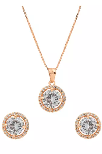 rose gold plated cubic zirconia american diamond chain pendent necklace with earrings set 