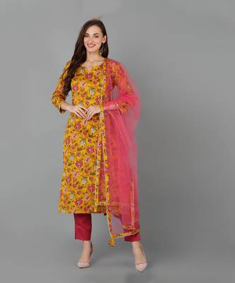 mustard color printed rayon blend styles kurta trouser with dupatta 7