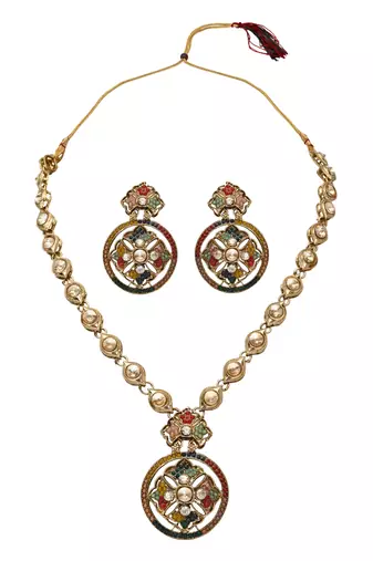 gold plated traditional design kundan stone necklace & earrings jewellery set 