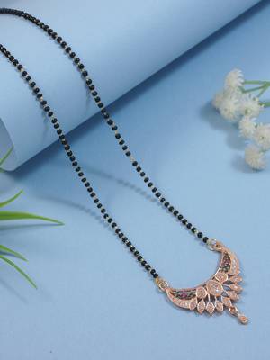 rose gold plated traditional single line cz american diamond pendant with black bead chain mangalsutra  1