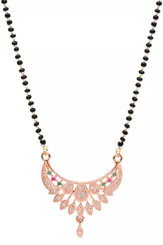 rose gold plated traditional single line cz american diamond pendant with black bead chain mangalsutra 