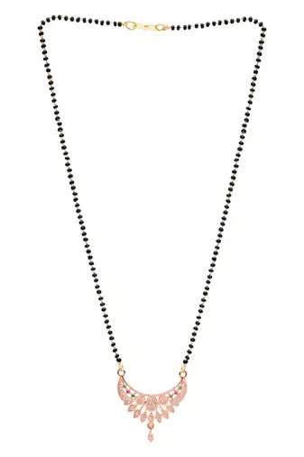 rose gold plated traditional single line cz american diamond pendant with black bead chain mangalsutra 