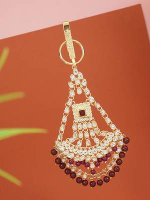 gold plated traditional kundan & pearl chabi challa/challa waist key chain for women  1