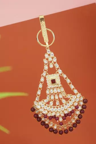 gold plated traditional kundan & pearl chabi challa/challa waist key chain for women 