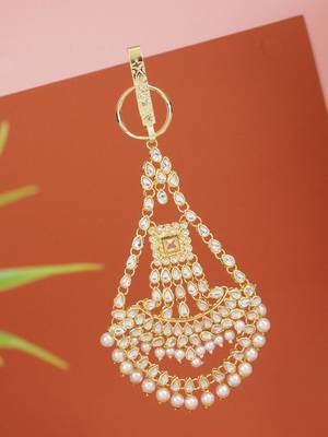 gold plated traditional kundan & pearl chabi challa/challa waist key chain for women  1