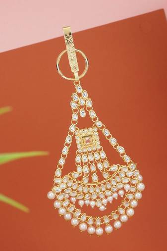 gold plated traditional kundan & pearl chabi challa/challa waist key chain for women 