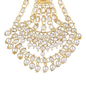 gold plated traditional kundan & pearl chabi challa/challa waist key chain for women  2