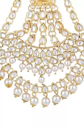 gold plated traditional kundan & pearl chabi challa/challa waist key chain for women 