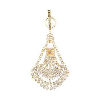 gold plated traditional kundan & pearl chabi challa/challa waist key chain for women  3