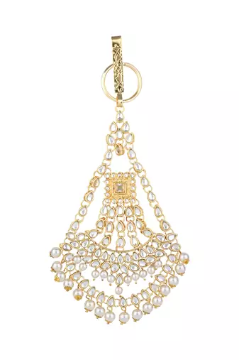 gold plated traditional kundan & pearl chabi challa/challa waist key chain for women 