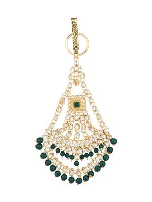 gold plated traditional kundan & pearl chabi challa/challa waist key chain for women  3