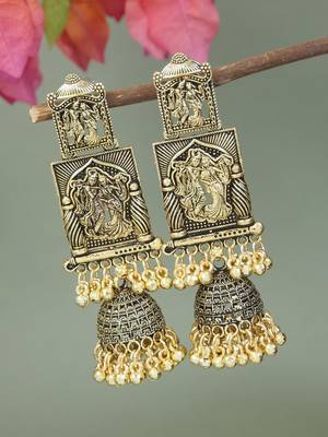 gold plated traditional antique radha krishna design with ghungroo earrings for women  1