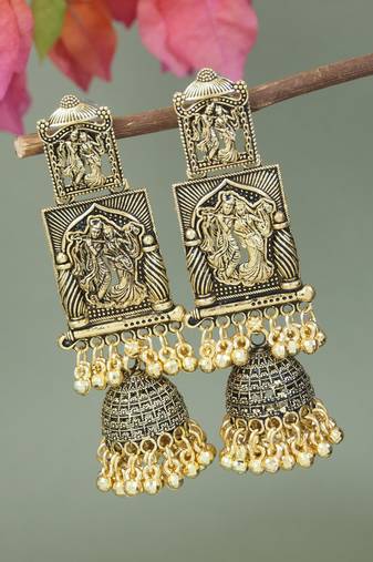 gold plated traditional antique radha krishna design with ghungroo earrings for women 