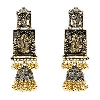 gold plated traditional antique radha krishna design with ghungroo earrings for women  2