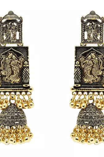 gold plated traditional antique radha krishna design with ghungroo earrings for women 