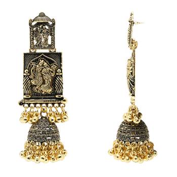 gold plated traditional antique radha krishna design with ghungroo earrings for women  4