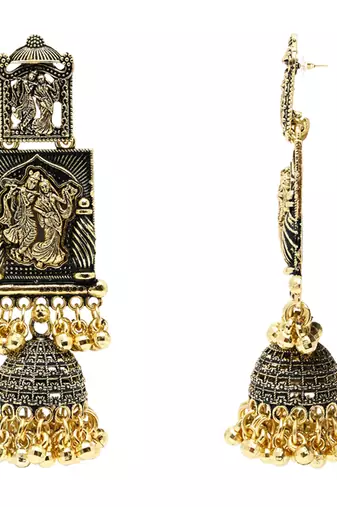gold plated traditional antique radha krishna design with ghungroo earrings for women 