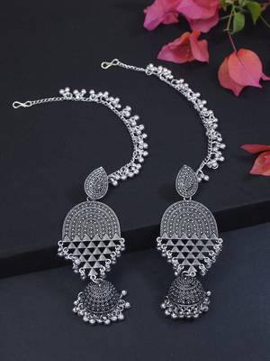 silver oxidised traditional afghani ghungroo hair chain/ear chain accessories with hook for women  1