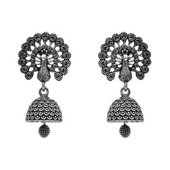 ethnic silver oxidised afghani jhumka earrings for women  2