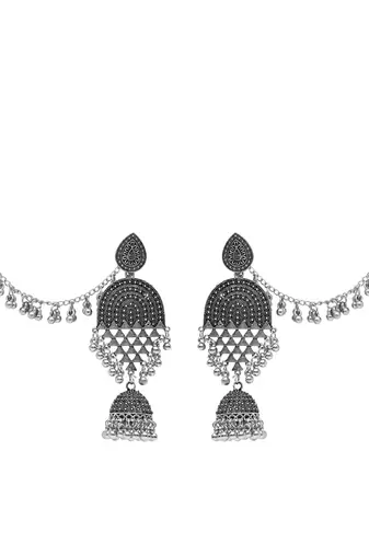 silver oxidised traditional afghani ghungroo hair chain/ear chain accessories with hook for women 
