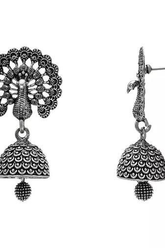 ethnic silver oxidised afghani jhumka earrings for women 