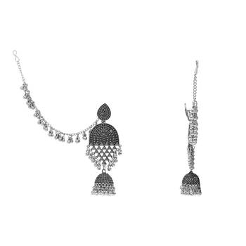 silver oxidised traditional afghani ghungroo hair chain/ear chain accessories with hook for women  3